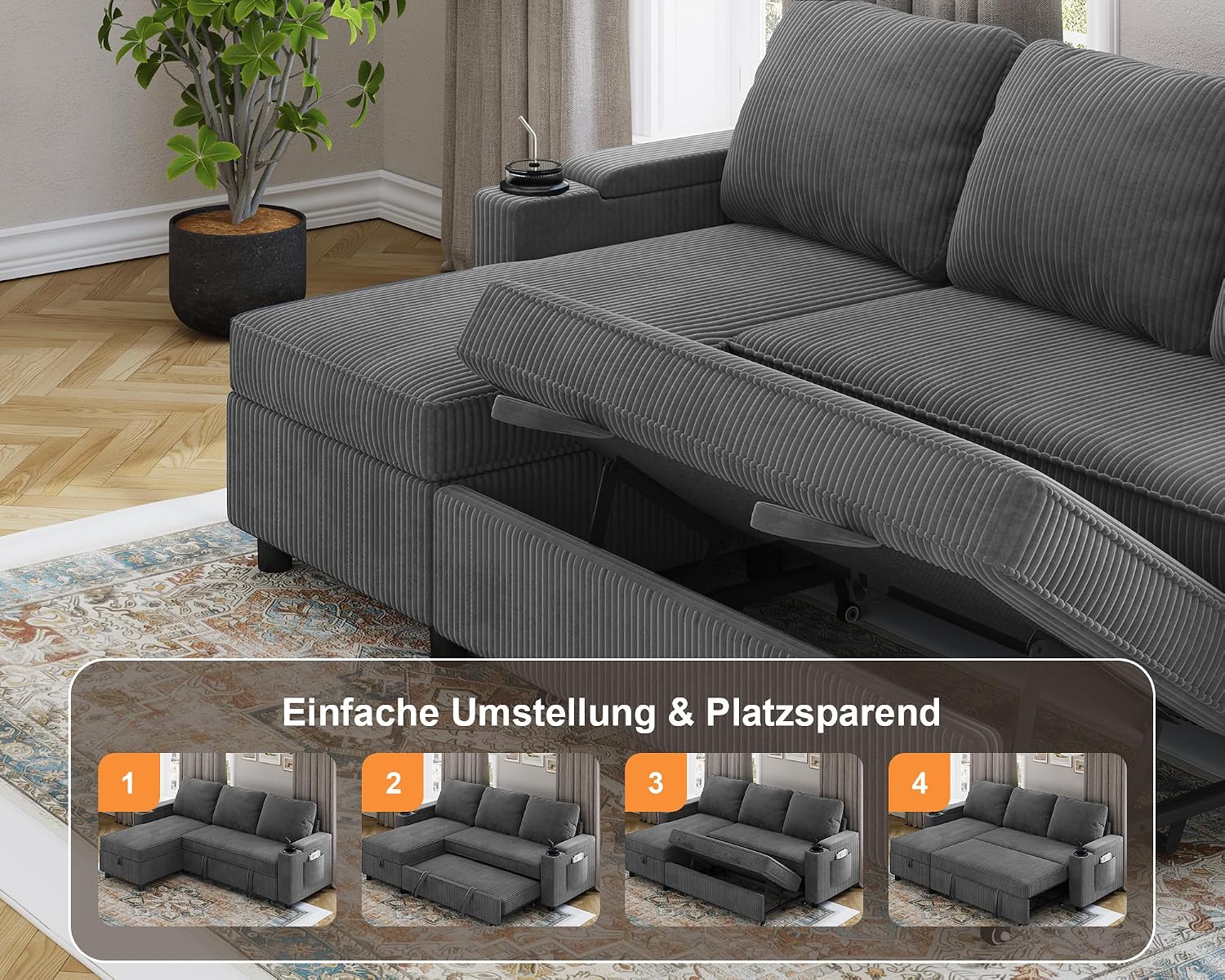 Devoko Ecksofa mit Schlaffunktion und Bettkasten L-Form Sofa 3-Sitzer Ausziehbares Schlafsofa Leinen Couch Kleines Schlafcouch für Wohnung und Wohnzimmer, Grau
