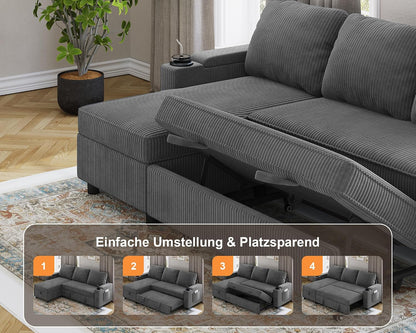 Devoko Ecksofa mit Schlaffunktion und Bettkasten L-Form Sofa 3-Sitzer Ausziehbares Schlafsofa Leinen Couch Kleines Schlafcouch für Wohnung und Wohnzimmer, Grau