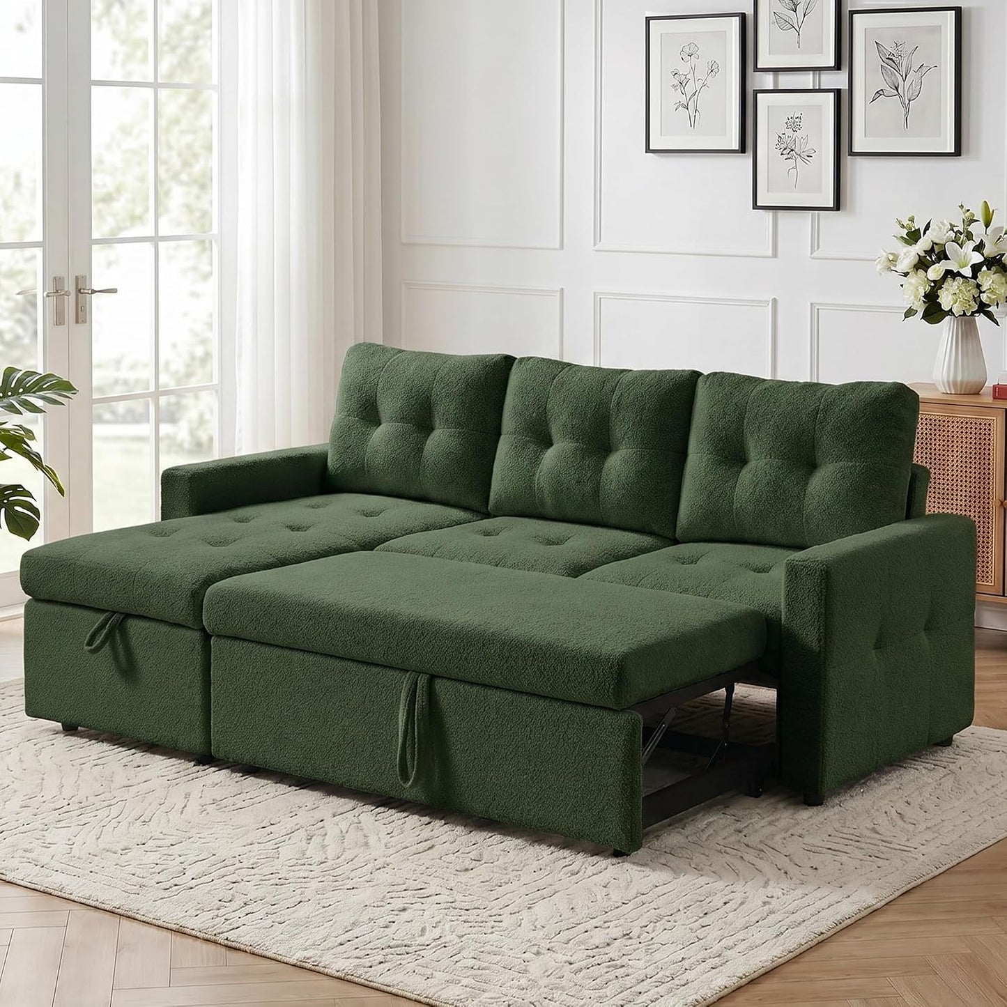HIPIHOM 3-Sitzer-Sofabett, ausziehbares Schlafsofa mit Stauraum, Ecksofa, Gästebett für kleine Räume, Wohnzimmer, Teddy-Fleece (Dunkelgrün)