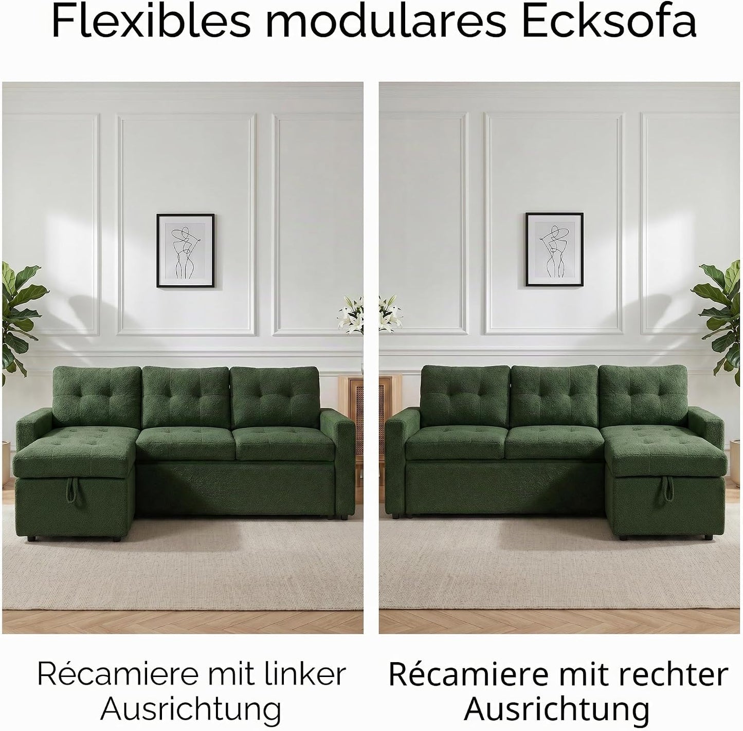 HIPIHOM 3-Sitzer-Sofabett, ausziehbares Schlafsofa mit Stauraum, Ecksofa, Gästebett für kleine Räume, Wohnzimmer, Teddy-Fleece (Dunkelgrün)