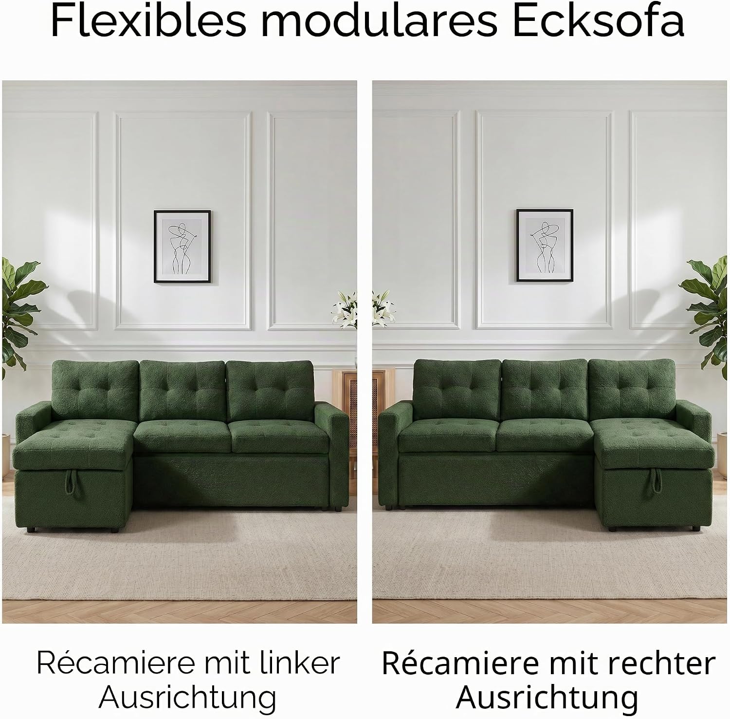 HIPIHOM 3-Sitzer-Sofabett, ausziehbares Schlafsofa mit Stauraum, Ecksofa, Gästebett für kleine Räume, Wohnzimmer, Teddy-Fleece (Dunkelgrün)