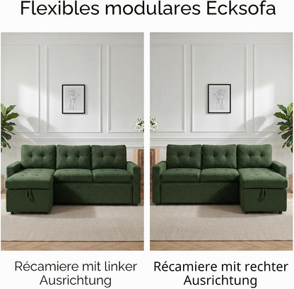 HIPIHOM 3-Sitzer-Sofabett, ausziehbares Schlafsofa mit Stauraum, Ecksofa, Gästebett für kleine Räume, Wohnzimmer, Teddy-Fleece (Dunkelgrün)