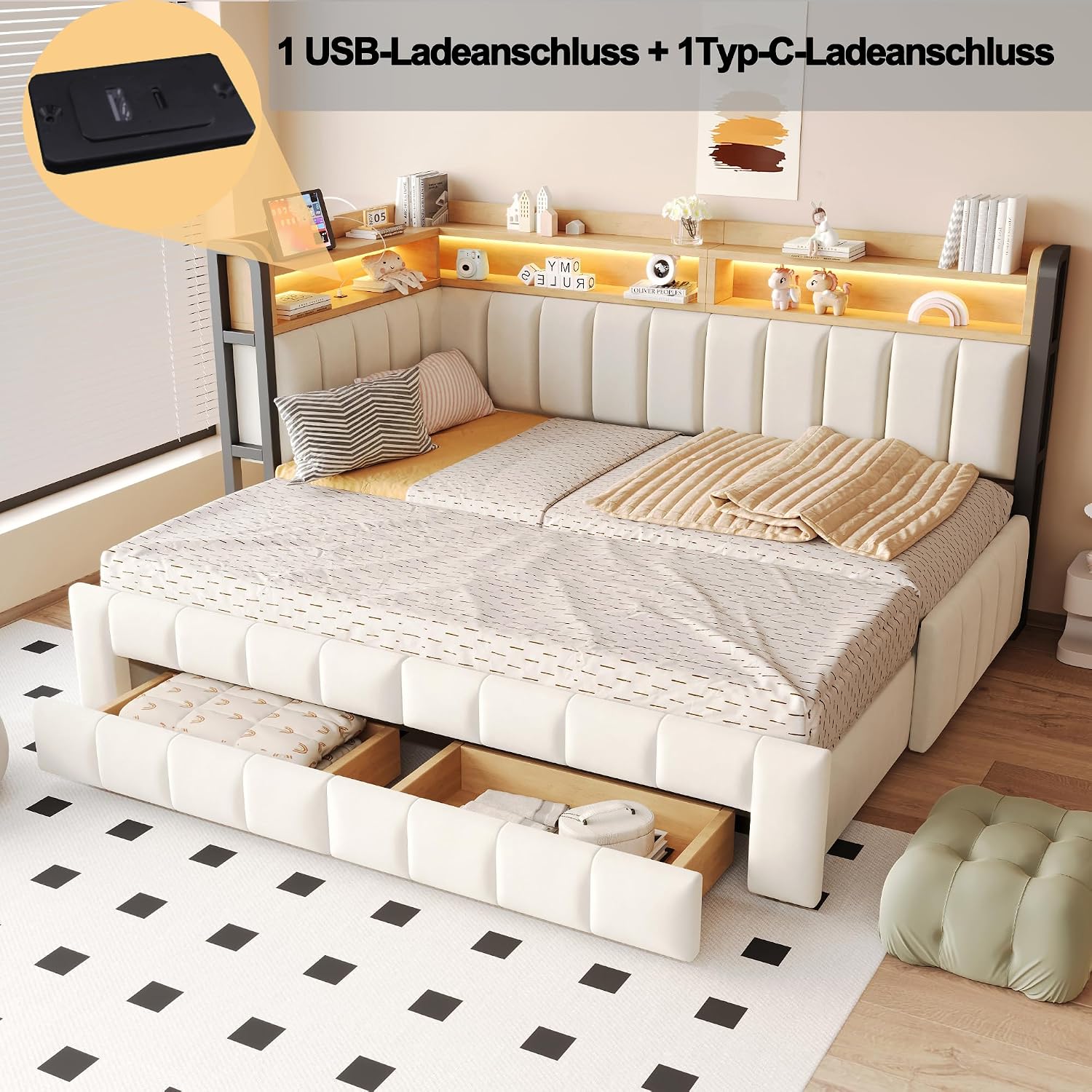 Schlafsofa mit Ausziehfunktion, Beige, 90/180×200 cm | LED-Beleuchtung, USB- und Typ-C-Anschlüssen, Multifunktional Stauraum(Ohne Matratze)