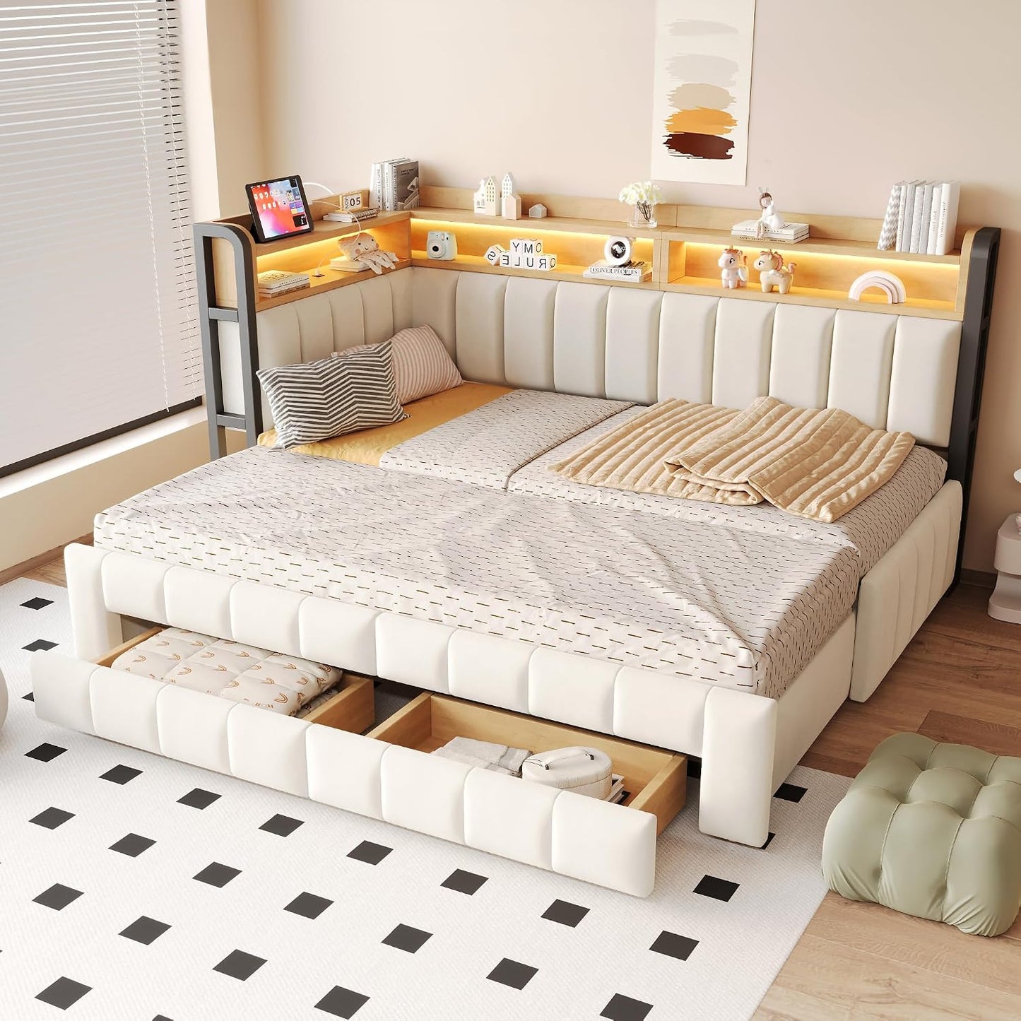Schlafsofa mit Ausziehfunktion, Beige, 90/180×200 cm | LED-Beleuchtung, USB- und Typ-C-Anschlüssen, Multifunktional Stauraum(Ohne Matratze)