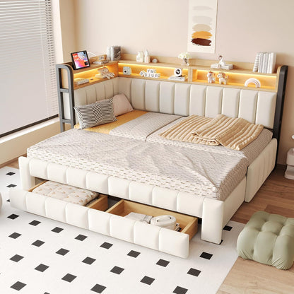 Schlafsofa mit Ausziehfunktion, Beige, 90/180×200 cm | LED-Beleuchtung, USB- und Typ-C-Anschlüssen, Multifunktional Stauraum(Ohne Matratze)