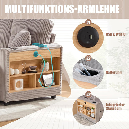 Modulares Sofa mit Bettkasten, Schlafsofa mit Ausziehbett, Mehrfunktionales Schlafcouch mit USB-C, Ambientebeleuchtung, Getränkehaltern Wohlfühlbereiche, für Wohnzimmer, Hellgrau