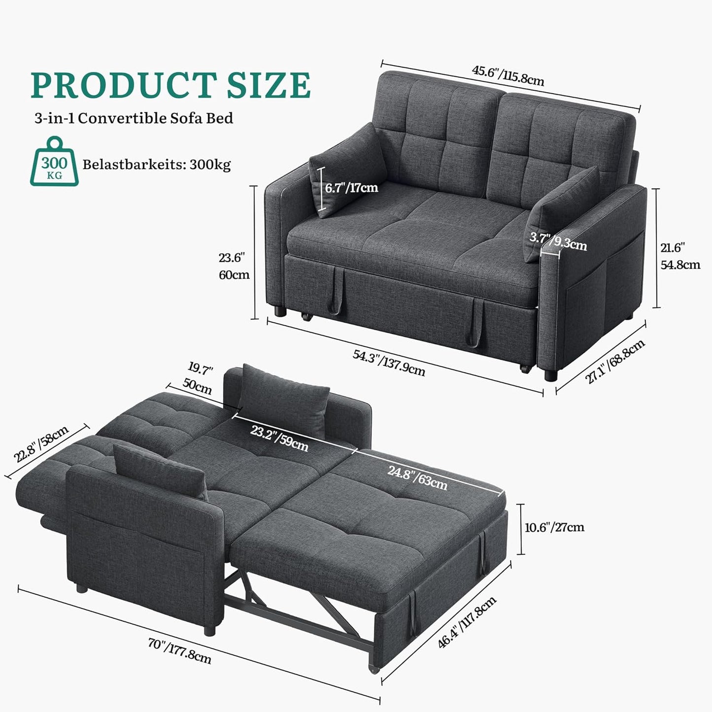 YITAHOME Schlafsofa 3-in-1, 2-Sitzer 5-Stufig 182x136cm Ausziehbar Grau | Sofa mit Schlaffunktion, Wohnzimmer, Stahlrahmen, Liegefläche, 10 cm Polster, 2 Kissen, Seitentaschen, 300 kg belastbar
