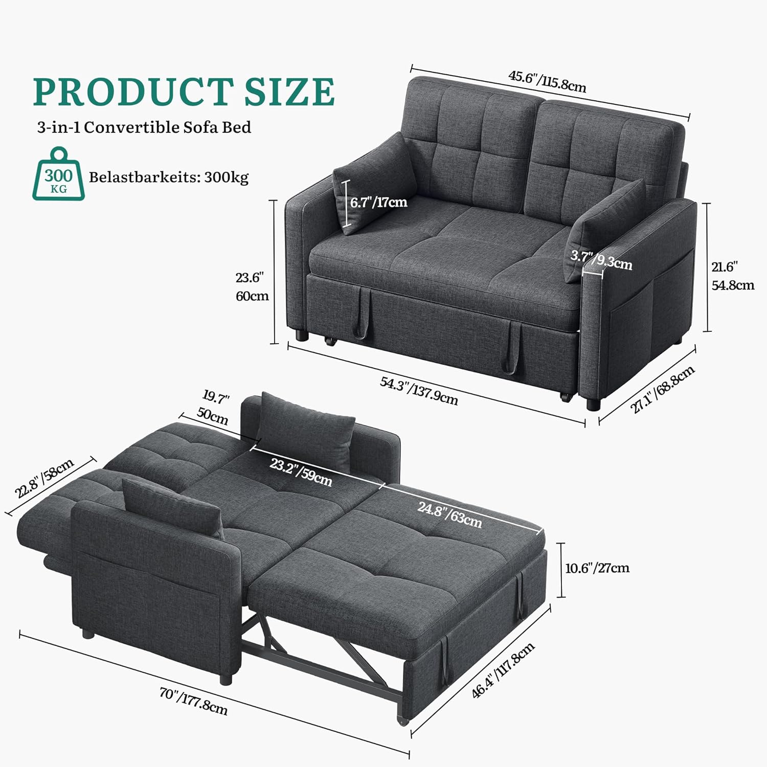 YITAHOME Schlafsofa 3-in-1, 2-Sitzer 5-Stufig 182x136cm Ausziehbar Grau | Sofa mit Schlaffunktion, Wohnzimmer, Stahlrahmen, Liegefläche, 10 cm Polster, 2 Kissen, Seitentaschen, 300 kg belastbar