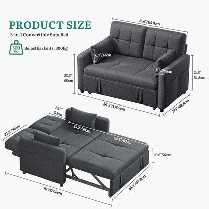 YITAHOME Schlafsofa 3-in-1, 2-Sitzer 5-Stufig 182x136cm Ausziehbar Grau | Sofa mit Schlaffunktion, Wohnzimmer, Stahlrahmen, Liegefläche, 10 cm Polster, 2 Kissen, Seitentaschen, 300 kg belastbar