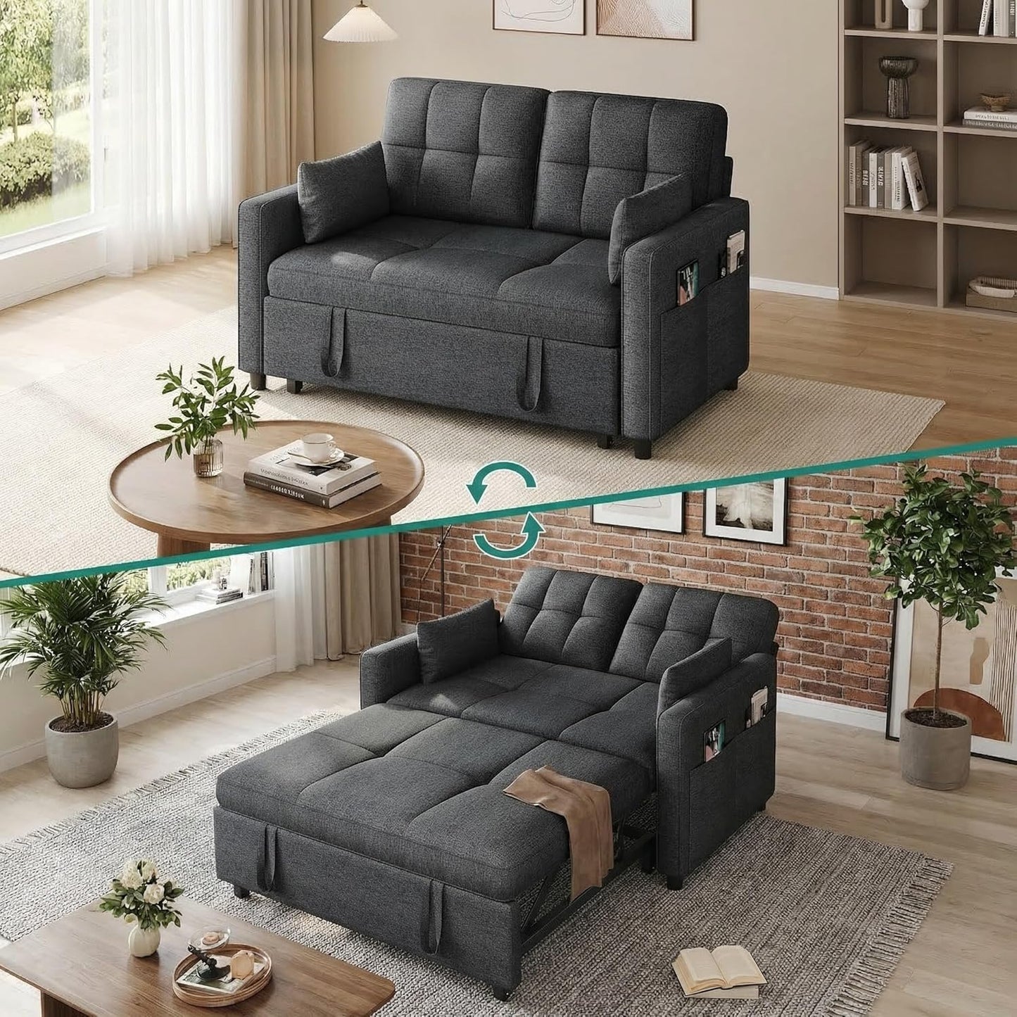 YITAHOME Schlafsofa 3-in-1, 2-Sitzer 5-Stufig 182x136cm Ausziehbar Grau | Sofa mit Schlaffunktion, Wohnzimmer, Stahlrahmen, Liegefläche, 10 cm Polster, 2 Kissen, Seitentaschen, 300 kg belastbar