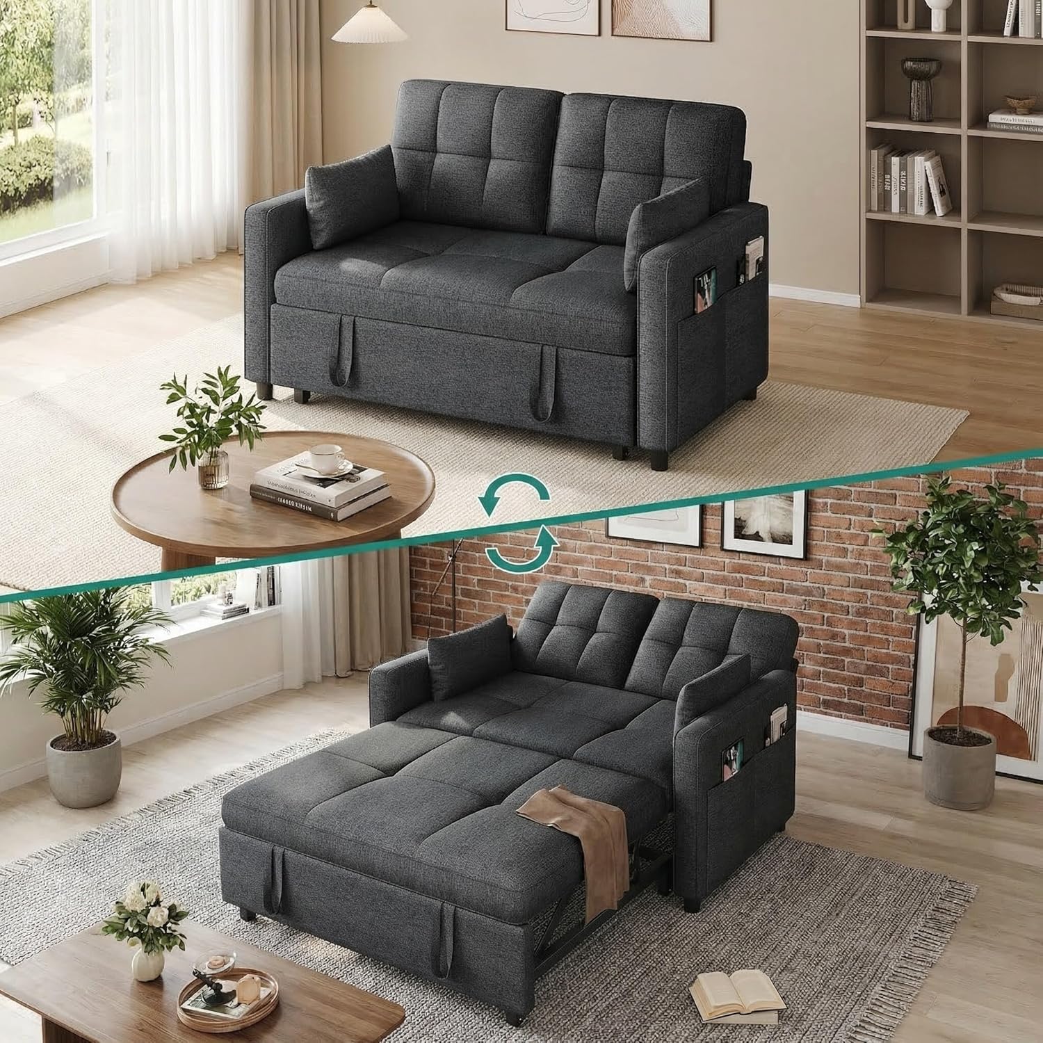 YITAHOME Schlafsofa 3-in-1, 2-Sitzer 5-Stufig 182x136cm Ausziehbar Grau | Sofa mit Schlaffunktion, Wohnzimmer, Stahlrahmen, Liegefläche, 10 cm Polster, 2 Kissen, Seitentaschen, 300 kg belastbar