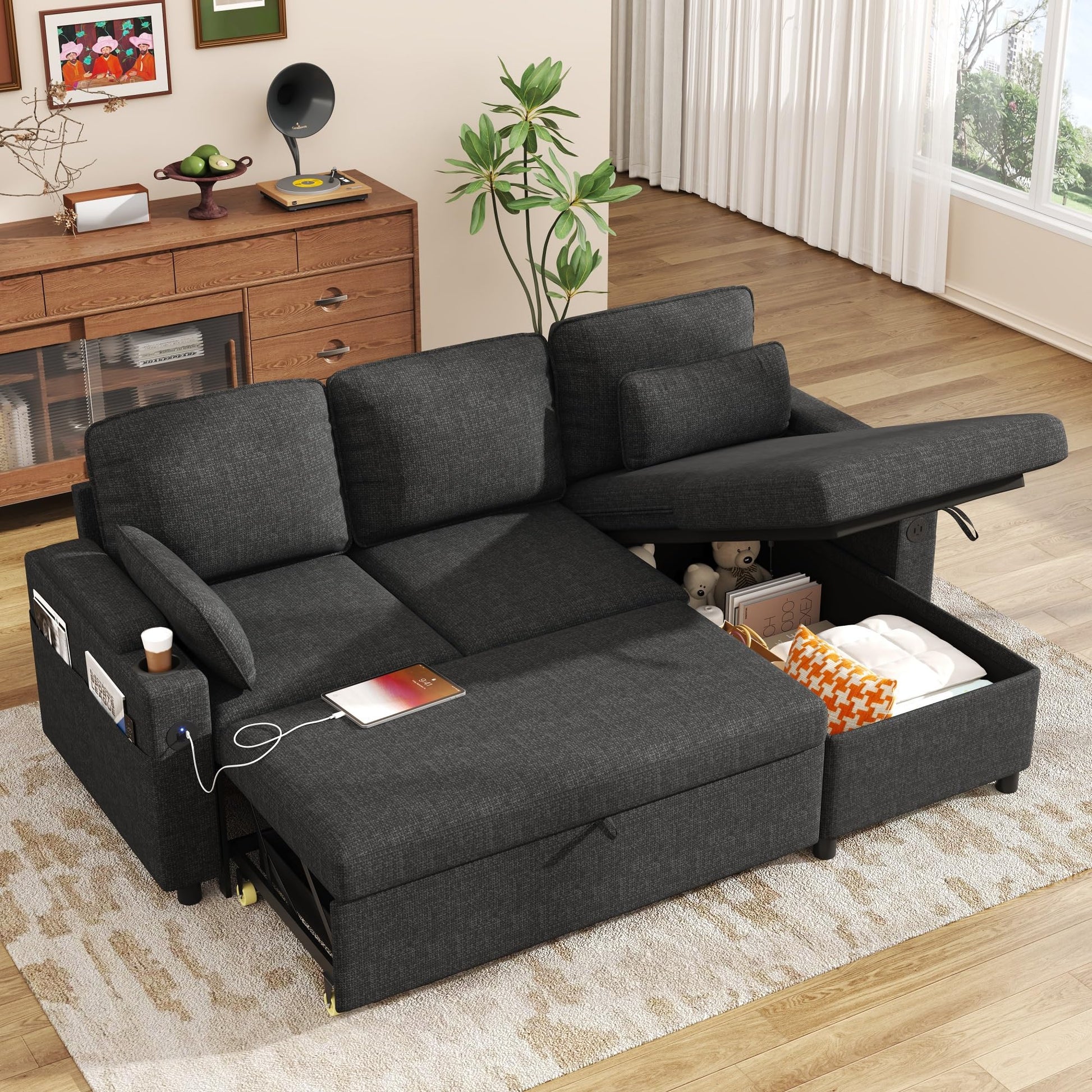 DURASPACE Schlafsofa Ausziehbarer 2 in 1 Sektional Schlafsofa Couches | Mit Lagerung, USB, Cup Holder, Pullout Sektional Couches für Wohnung Wohnzimmer (Blau)