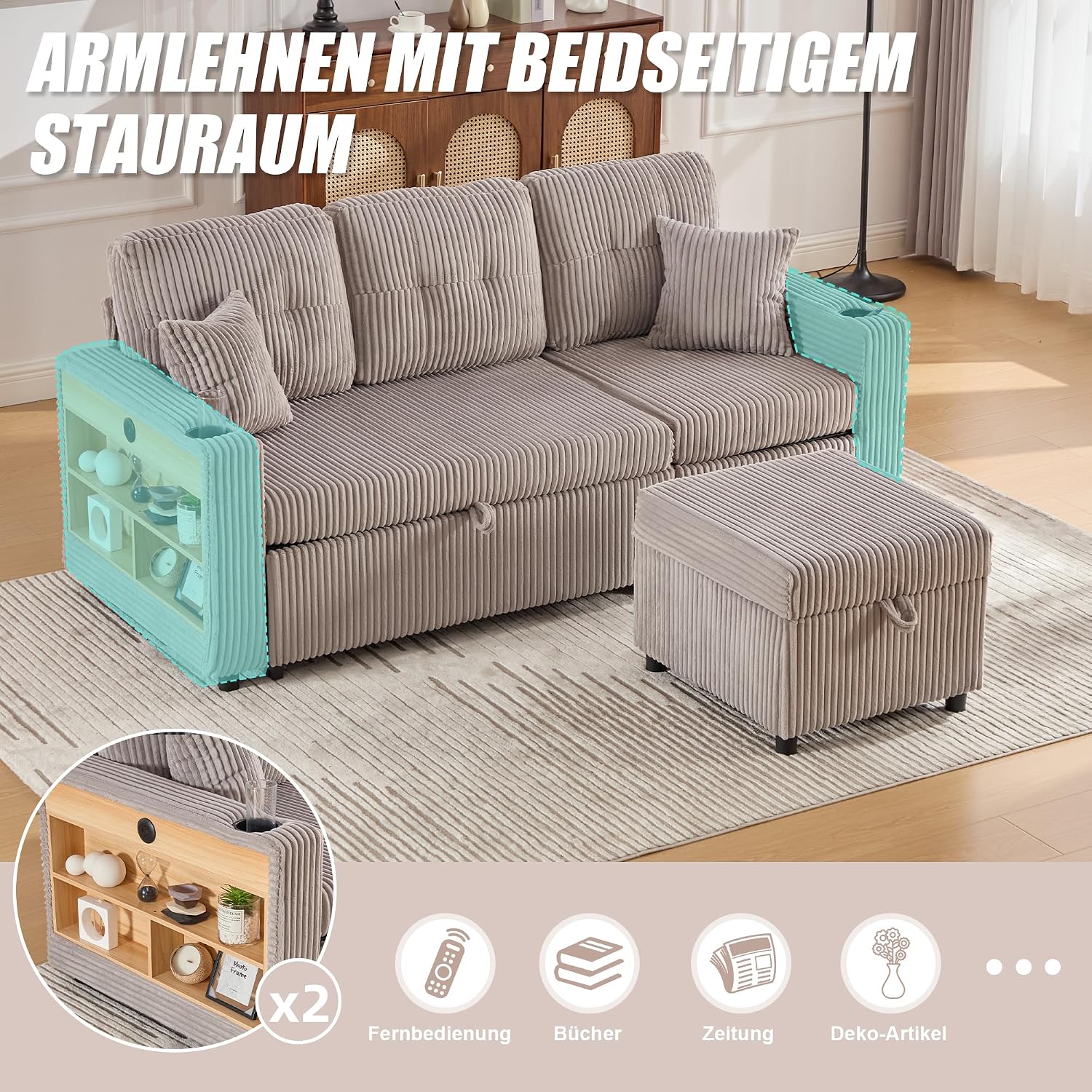 Modulares Sofa mit Bettkasten, Schlafsofa mit Ausziehbett, Mehrfunktionales Schlafcouch mit USB-C, Ambientebeleuchtung, Getränkehaltern Wohlfühlbereiche, für Wohnzimmer, Hellgrau