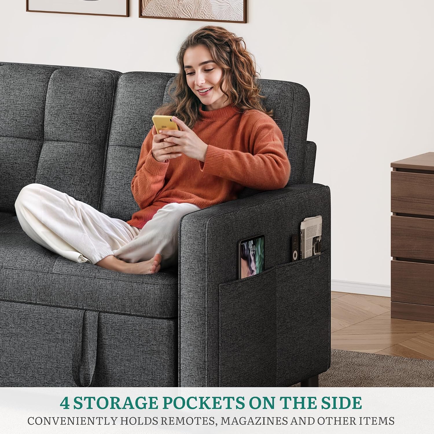 YITAHOME Schlafsofa 3-in-1, 2-Sitzer 5-Stufig 182x136cm Ausziehbar Grau | Sofa mit Schlaffunktion, Wohnzimmer, Stahlrahmen, Liegefläche, 10 cm Polster, 2 Kissen, Seitentaschen, 300 kg belastbar