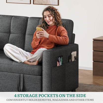 YITAHOME Schlafsofa 3-in-1, 2-Sitzer 5-Stufig 182x136cm Ausziehbar Grau | Sofa mit Schlaffunktion, Wohnzimmer, Stahlrahmen, Liegefläche, 10 cm Polster, 2 Kissen, Seitentaschen, 300 kg belastbar