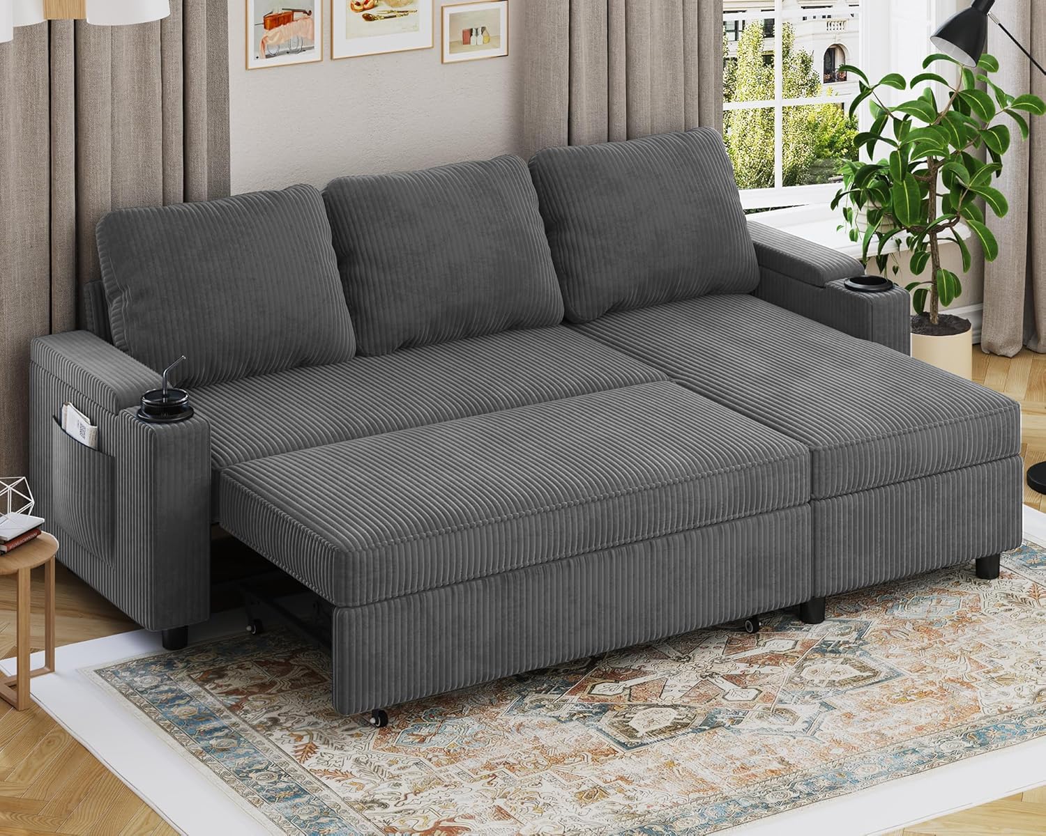 Devoko Ecksofa mit Schlaffunktion und Bettkasten L-Form Sofa 3-Sitzer Ausziehbares Schlafsofa Leinen Couch Kleines Schlafcouch für Wohnung und Wohnzimmer, Grau