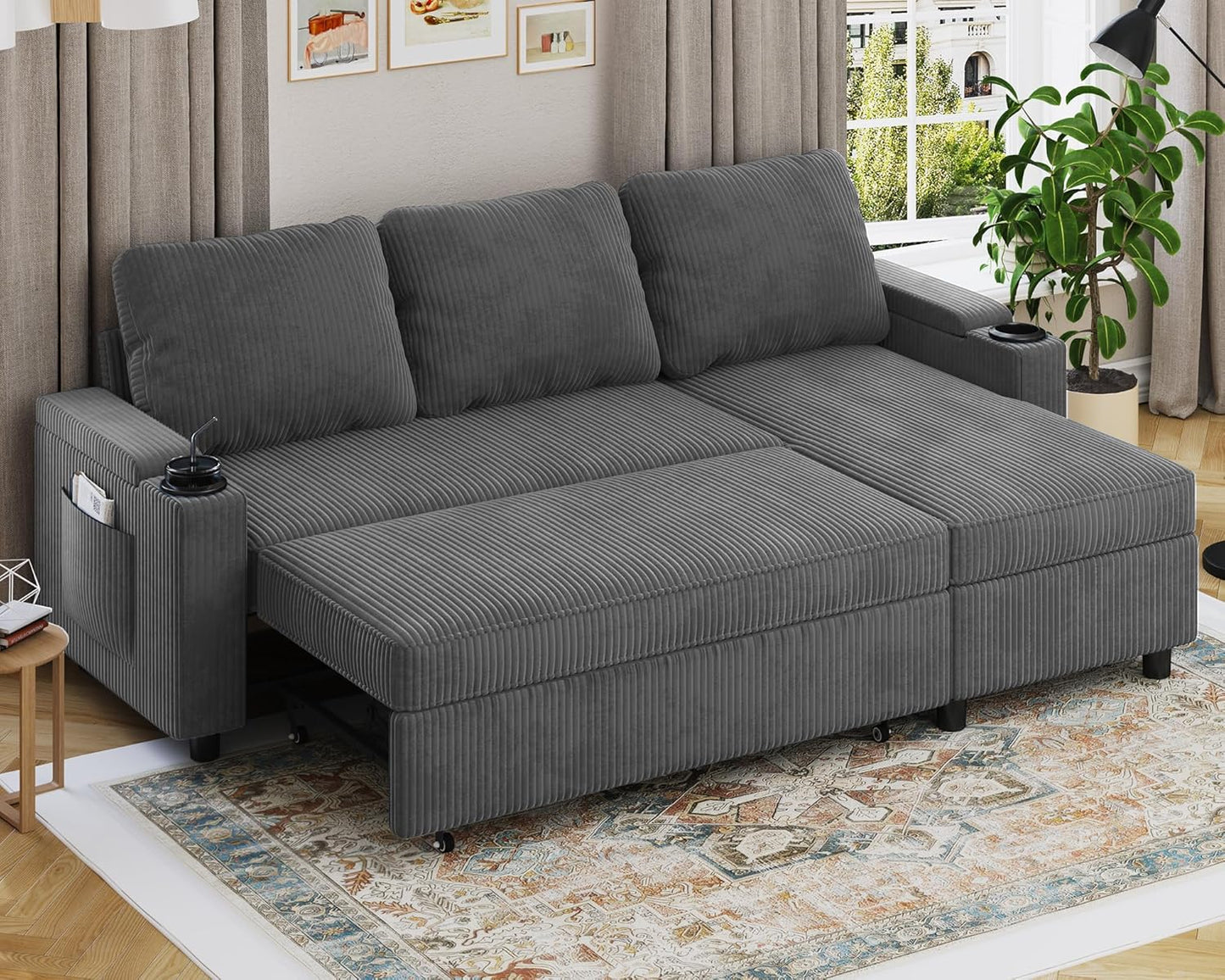 Devoko Ecksofa mit Schlaffunktion und Bettkasten L-Form Sofa 3-Sitzer Ausziehbares Schlafsofa Leinen Couch Kleines Schlafcouch für Wohnung und Wohnzimmer, Grau