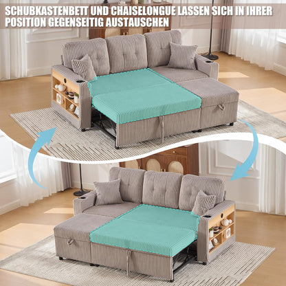 Modulares Sofa mit Bettkasten, Schlafsofa mit Ausziehbett, Mehrfunktionales Schlafcouch mit USB-C, Ambientebeleuchtung, Getränkehaltern Wohlfühlbereiche, für Wohnzimmer, Hellgrau