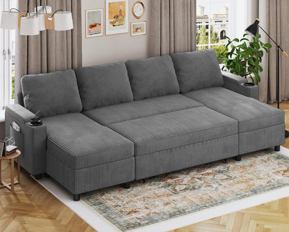 Devoko Ecksofa mit Schlaffunktion und Bettkasten L-Form Sofa 3-Sitzer Ausziehbares Schlafsofa Leinen Couch Kleines Schlafcouch für Wohnung und Wohnzimmer, Grau