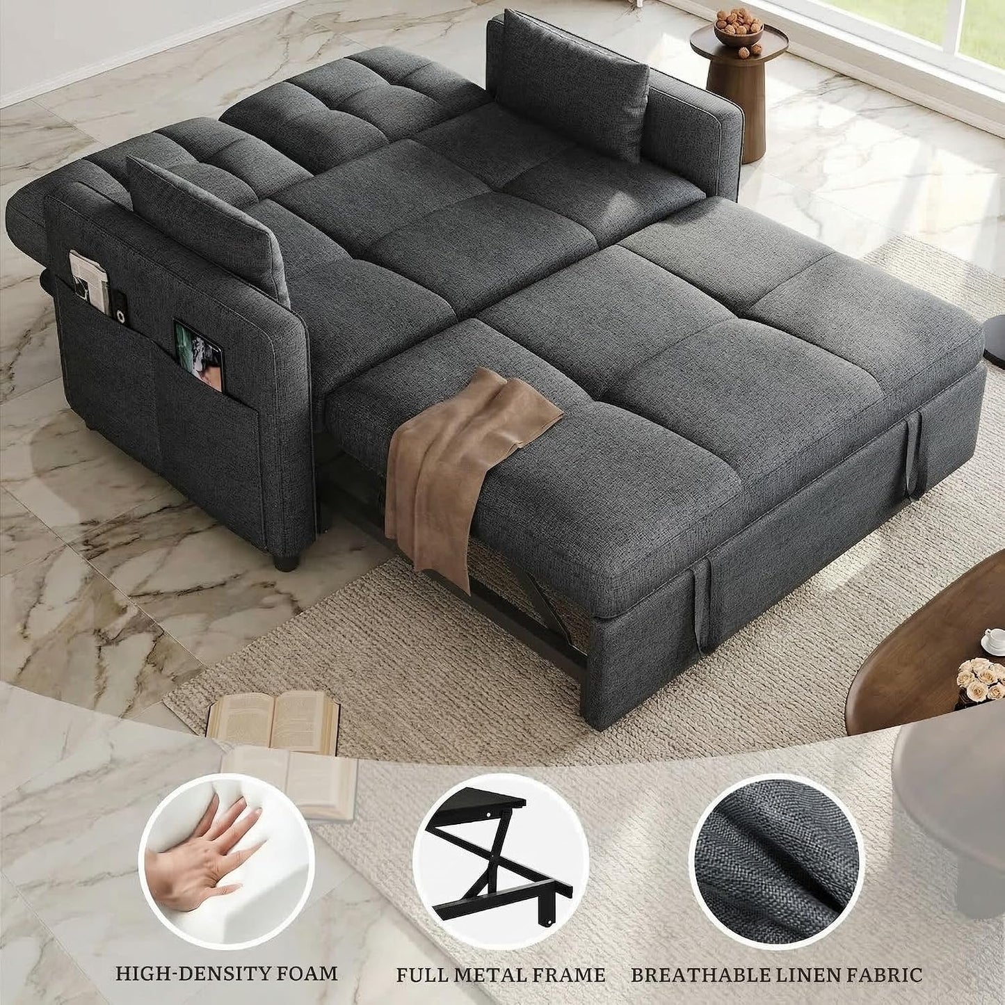 YITAHOME Schlafsofa 3-in-1, 2-Sitzer 5-Stufig 182x136cm Ausziehbar Grau | Sofa mit Schlaffunktion, Wohnzimmer, Stahlrahmen, Liegefläche, 10 cm Polster, 2 Kissen, Seitentaschen, 300 kg belastbar