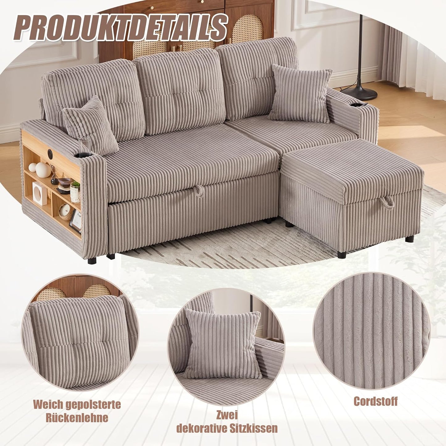 Modulares Sofa mit Bettkasten, Schlafsofa mit Ausziehbett, Mehrfunktionales Schlafcouch mit USB-C, Ambientebeleuchtung, Getränkehaltern Wohlfühlbereiche, für Wohnzimmer, Hellgrau