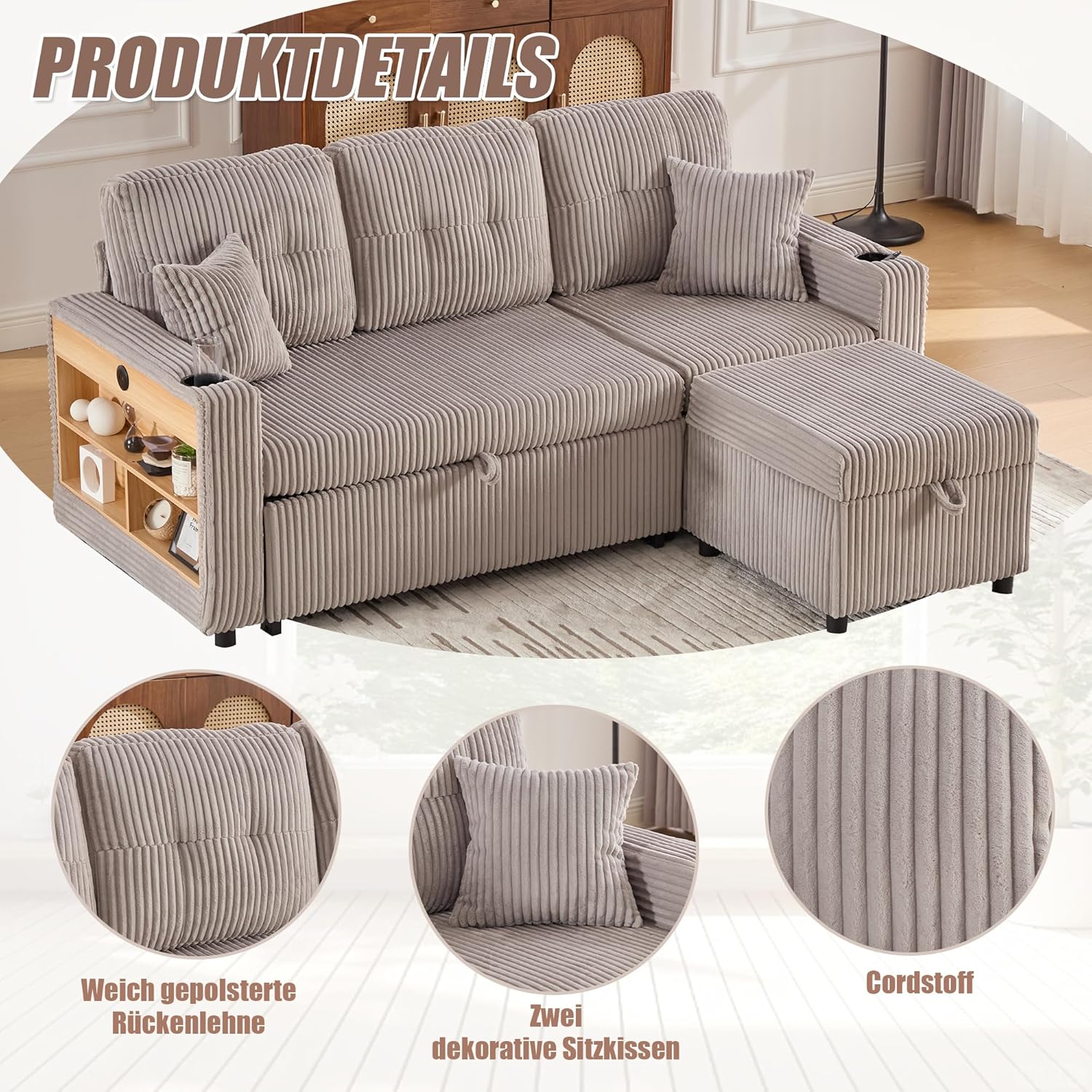 Modulares Sofa mit Bettkasten, Schlafsofa mit Ausziehbett, Mehrfunktionales Schlafcouch mit USB-C, Ambientebeleuchtung, Getränkehaltern Wohlfühlbereiche, für Wohnzimmer, Hellgrau