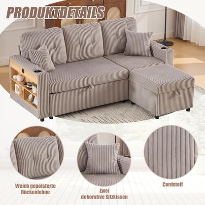 Modulares Sofa mit Bettkasten, Schlafsofa mit Ausziehbett, Mehrfunktionales Schlafcouch mit USB-C, Ambientebeleuchtung, Getränkehaltern Wohlfühlbereiche, für Wohnzimmer, Hellgrau
