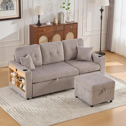 Modulares Sofa mit Bettkasten, Schlafsofa mit Ausziehbett, Mehrfunktionales Schlafcouch mit USB-C, Ambientebeleuchtung, Getränkehaltern Wohlfühlbereiche, für Wohnzimmer, Hellgrau