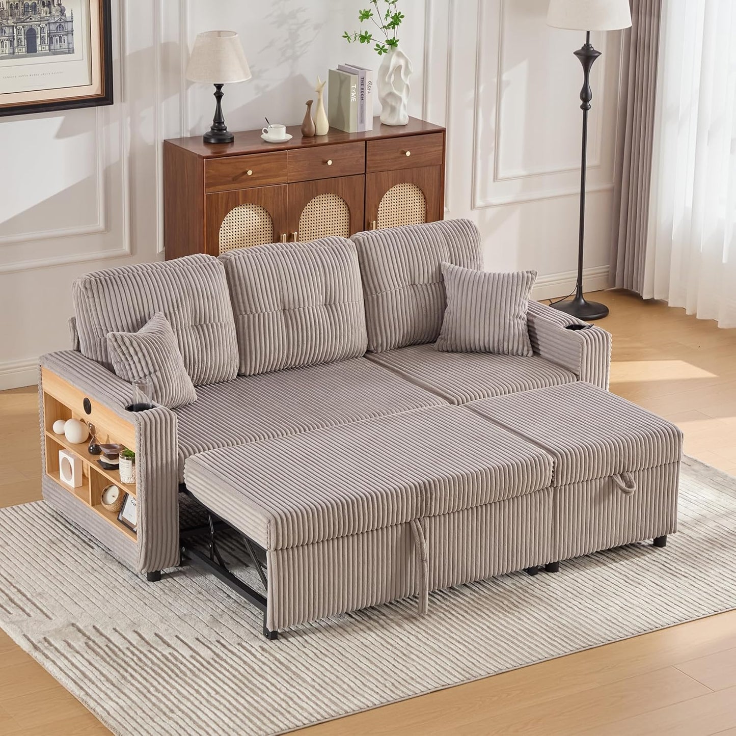 Modulares Sofa mit Bettkasten, Schlafsofa mit Ausziehbett, Mehrfunktionales Schlafcouch mit USB-C, Ambientebeleuchtung, Getränkehaltern Wohlfühlbereiche, für Wohnzimmer, Hellgrau