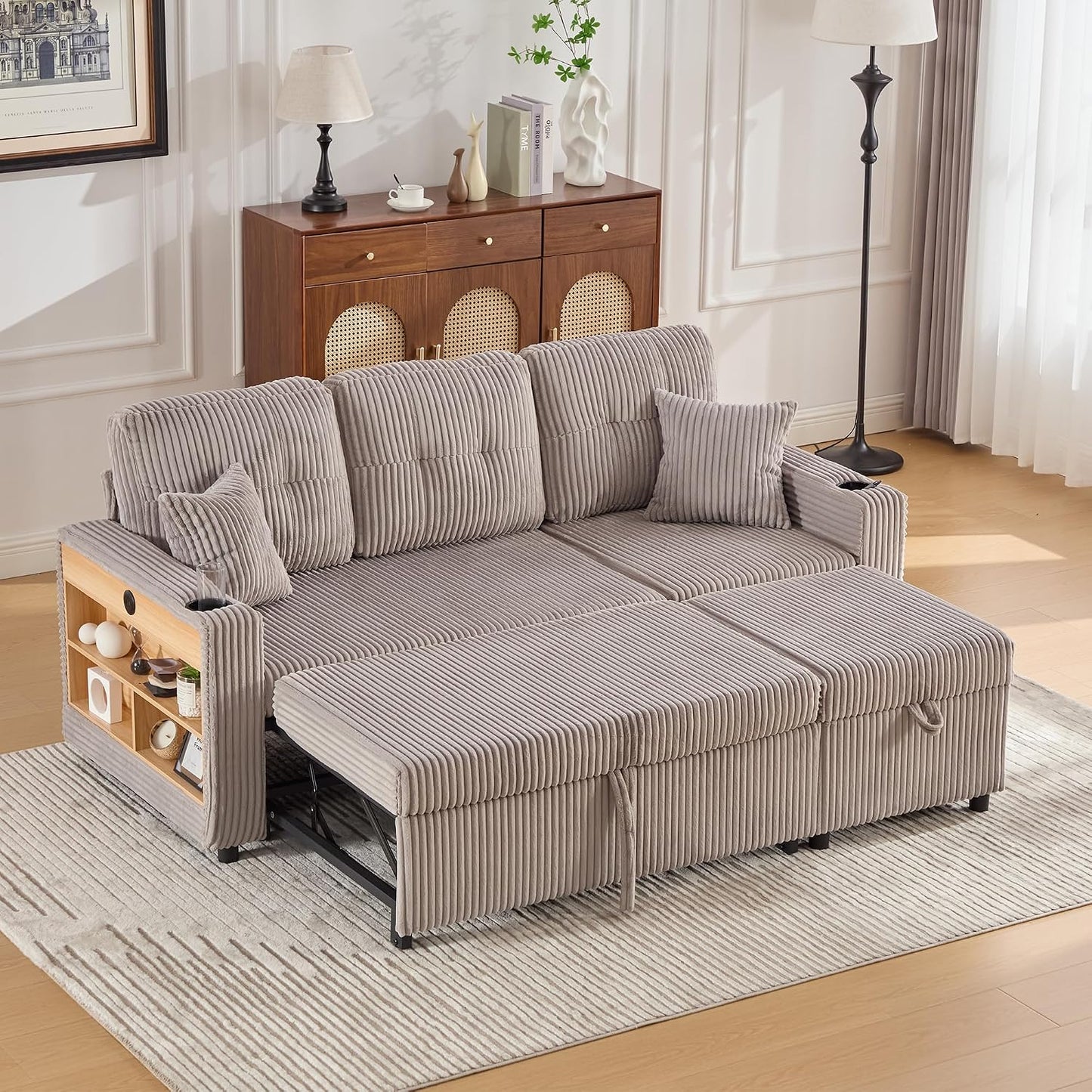 Modulares Sofa mit Bettkasten, Schlafsofa mit Ausziehbett, Mehrfunktionales Schlafcouch mit USB-C, Ambientebeleuchtung, Getränkehaltern Wohlfühlbereiche, für Wohnzimmer, Hellgrau