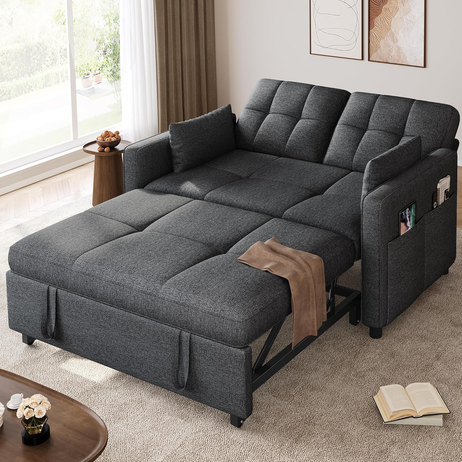 YITAHOME Schlafsofa 3-in-1, 2-Sitzer 5-Stufig 182x136cm Ausziehbar Grau | Sofa mit Schlaffunktion, Wohnzimmer, Stahlrahmen, Liegefläche, 10 cm Polster, 2 Kissen, Seitentaschen, 300 kg belastbar