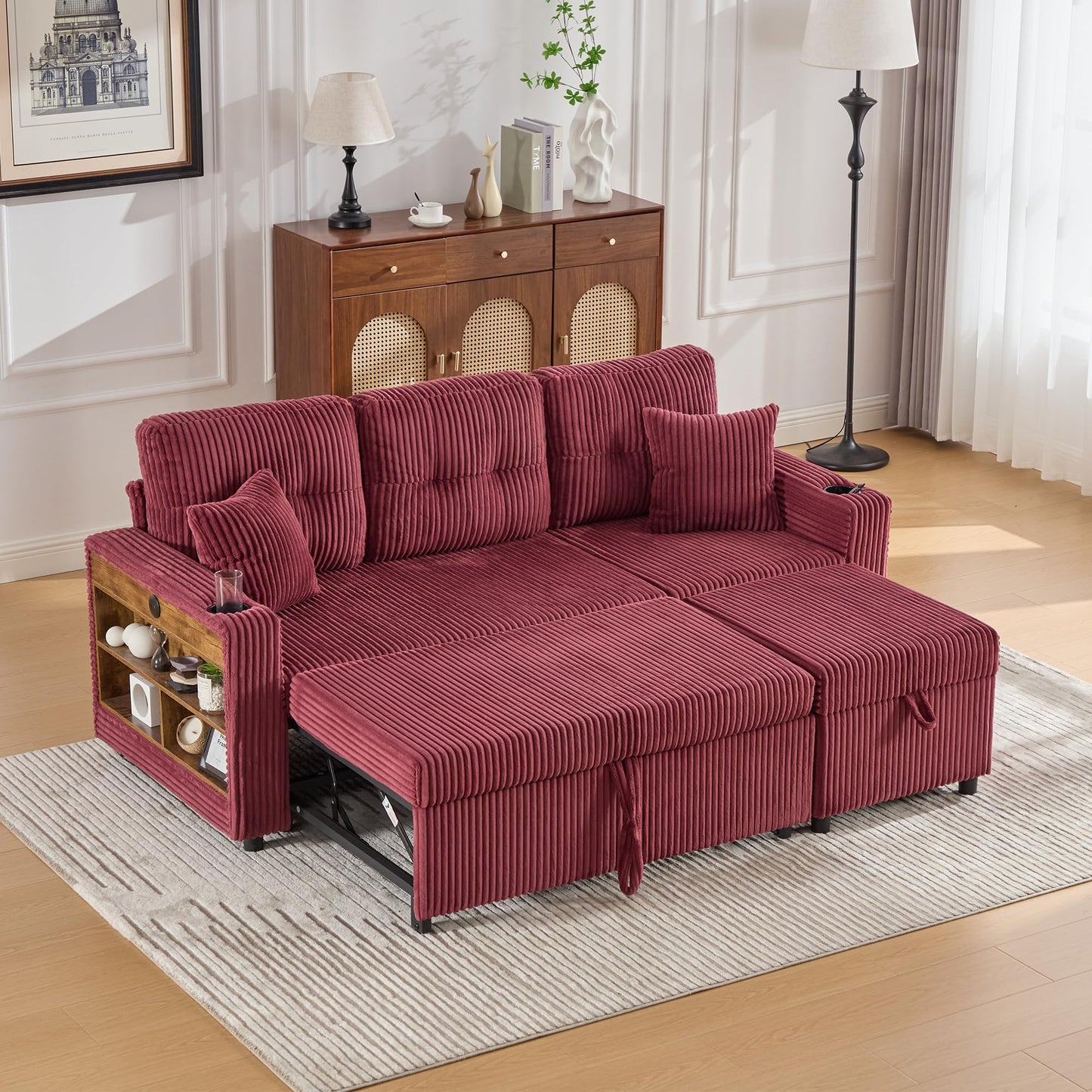 Modulares Sofa mit Bettkasten, Schlafsofa mit Ausziehbett, Mehrfunktionales Schlafcouch mit USB-C, Ambientebeleuchtung, Getränkehaltern Wohlfühlbereiche, für Wohnzimmer, Hellgrau