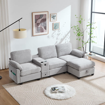 Modulares Sofa mit Bettkasten, Schlafsofa mit Ausziehbett, Mehrfunktionales Schlafcouch mit USB-C, Ambientebeleuchtung, Getränkehaltern Wohlfühlbereiche, für Wohnzimmer, Hellgrau