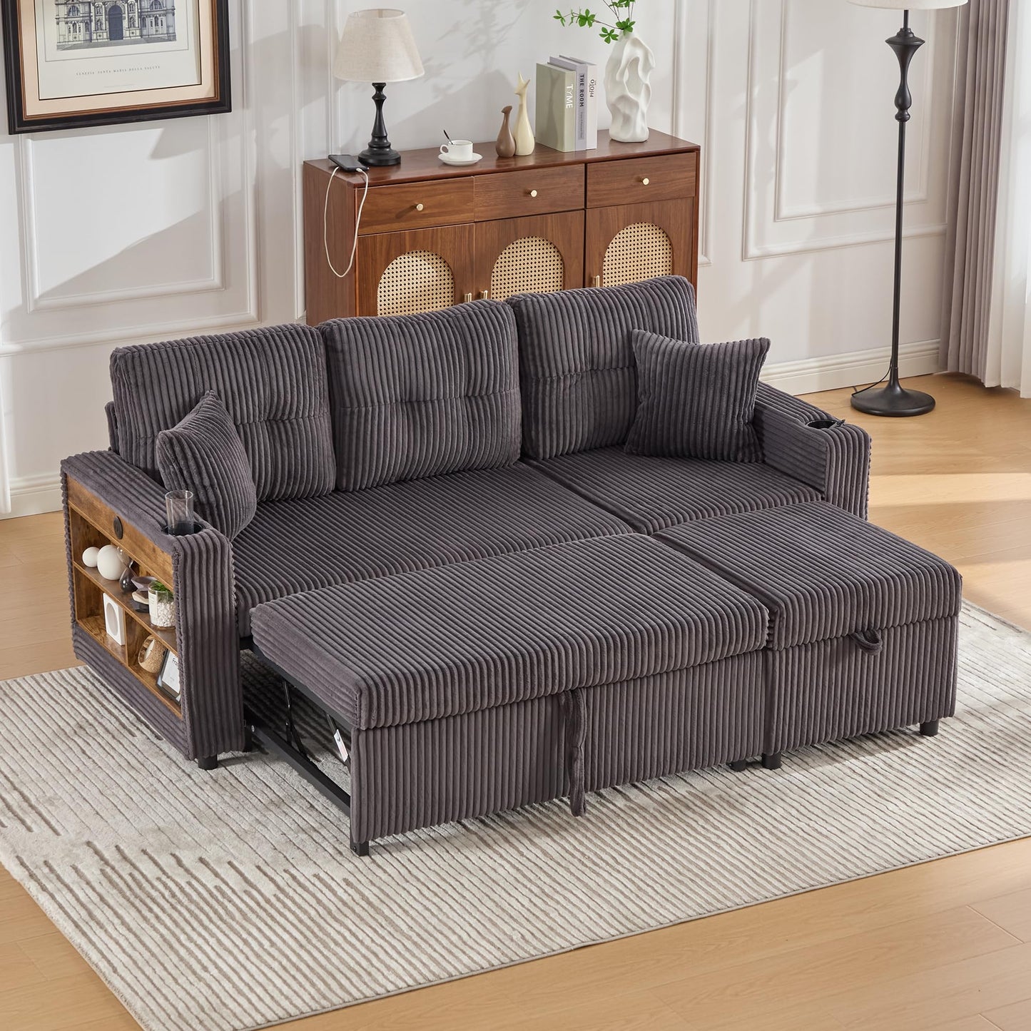 Modulares Sofa mit Bettkasten, Schlafsofa mit Ausziehbett, Mehrfunktionales Schlafcouch mit USB-C, Ambientebeleuchtung, Getränkehaltern Wohlfühlbereiche, für Wohnzimmer, Hellgrau