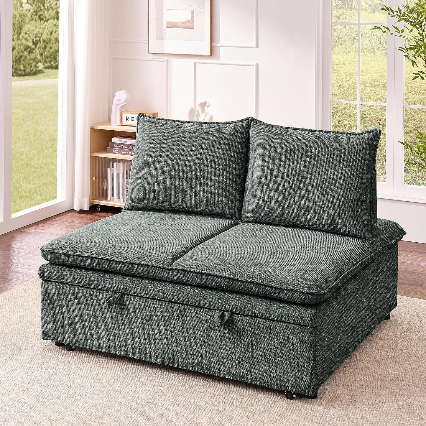 Schlafsofa klein, 3-in-1 Schlafcouch 2Sitzer mit Schlaffunktion ausziehbar | Convertible Ausziehbar Schlafsofa mit Bettfunktion, Sitztiefenverstellung, Leinenbezug und 131 x 175 cm Liegefläche