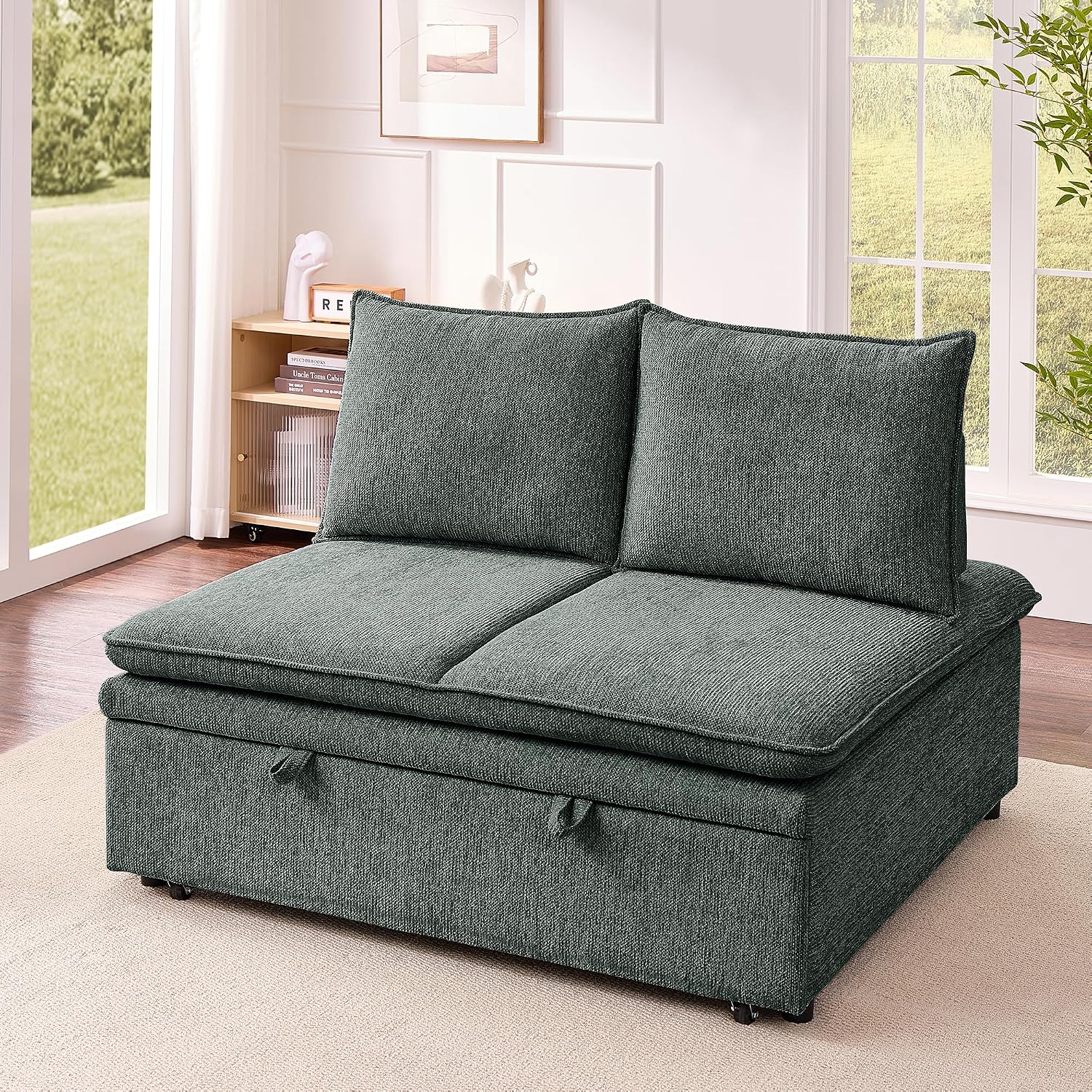 Schlafsofa klein, 3-in-1 Schlafcouch 2Sitzer mit Schlaffunktion ausziehbar | Convertible Ausziehbar Schlafsofa mit Bettfunktion, Sitztiefenverstellung, Leinenbezug und 131 x 175 cm Liegefläche