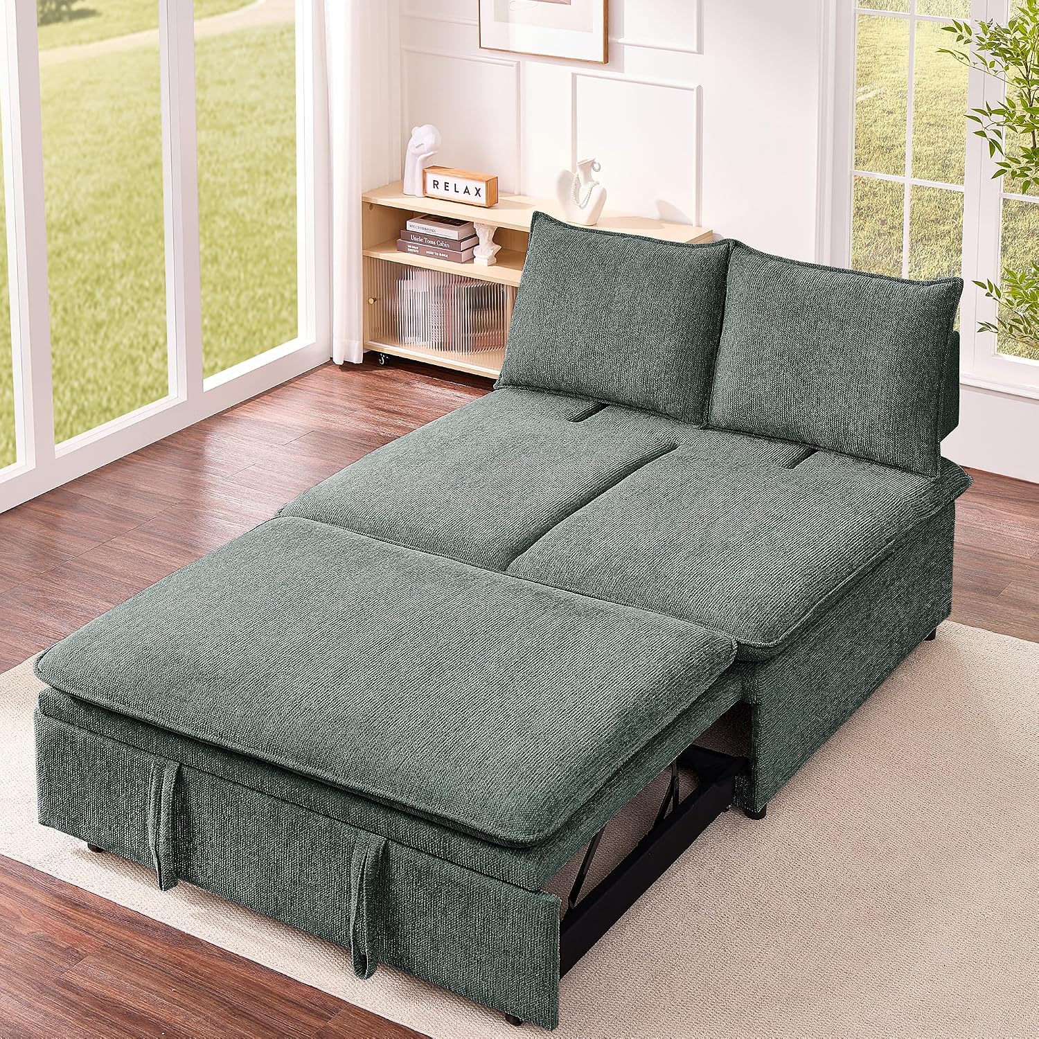 Schlafsofa klein, 3-in-1 Schlafcouch 2Sitzer mit Schlaffunktion ausziehbar | Convertible Ausziehbar Schlafsofa mit Bettfunktion, Sitztiefenverstellung, Leinenbezug und 131 x 175 cm Liegefläche