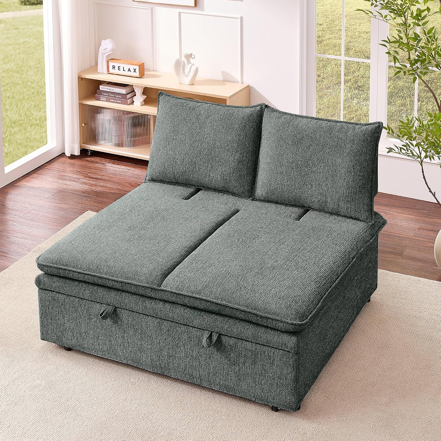 Schlafsofa klein, 3-in-1 Schlafcouch 2Sitzer mit Schlaffunktion ausziehbar | Convertible Ausziehbar Schlafsofa mit Bettfunktion, Sitztiefenverstellung, Leinenbezug und 131 x 175 cm Liegefläche