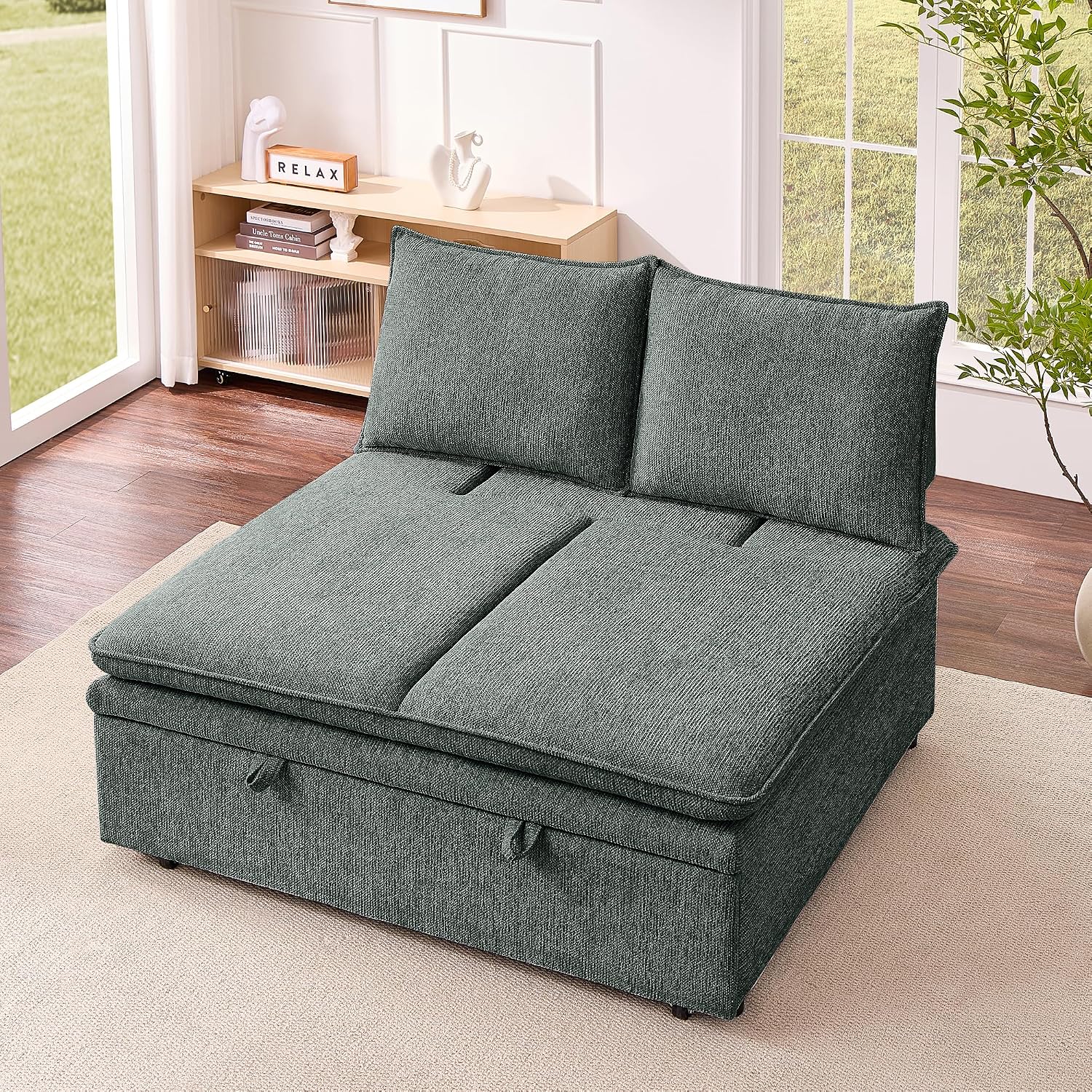 Schlafsofa klein, 3-in-1 Schlafcouch 2Sitzer mit Schlaffunktion ausziehbar | Convertible Ausziehbar Schlafsofa mit Bettfunktion, Sitztiefenverstellung, Leinenbezug und 131 x 175 cm Liegefläche